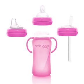 Szklana butelka ze smoczkiem M reagująca na temperaturę, 240 ml, wiśniowa, Everyday Baby
