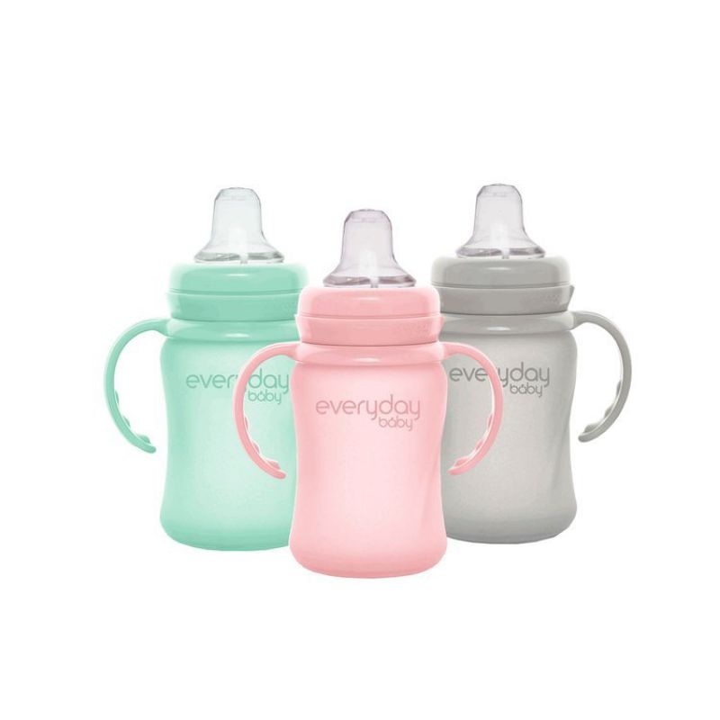 Szklana butelka z ustnikiem niekapkiem i rączkami, 150 ml, różowa, Everyday Baby