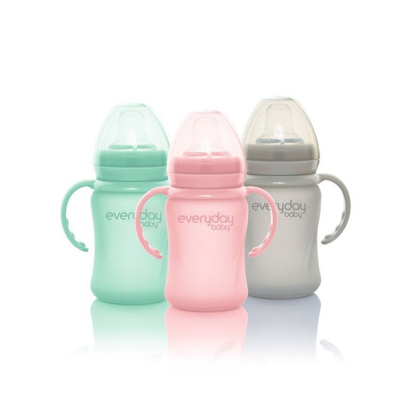 Szklana butelka z ustnikiem niekapkiem i rączkami, 150 ml, miętowa, Everyday Baby