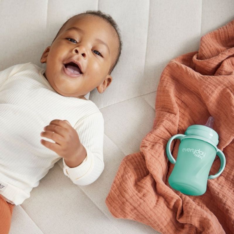 Szklana butelka z ustnikiem niekapkiem i rączkami, 150 ml, miętowa, Everyday Baby
