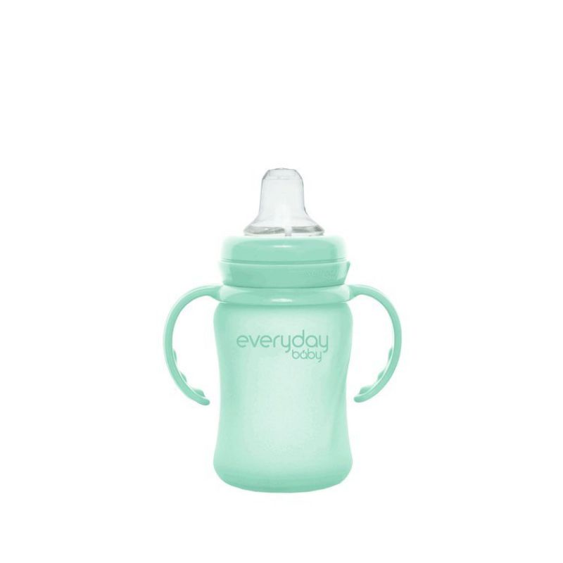 Szklana butelka z ustnikiem niekapkiem i rączkami, 150 ml, miętowa, Everyday Baby